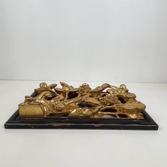 Asian Hand Carved Gilt Wooden Bird Floral Art Hanging 13” x 8” Wall Panel Decor - Picture 8 of 16